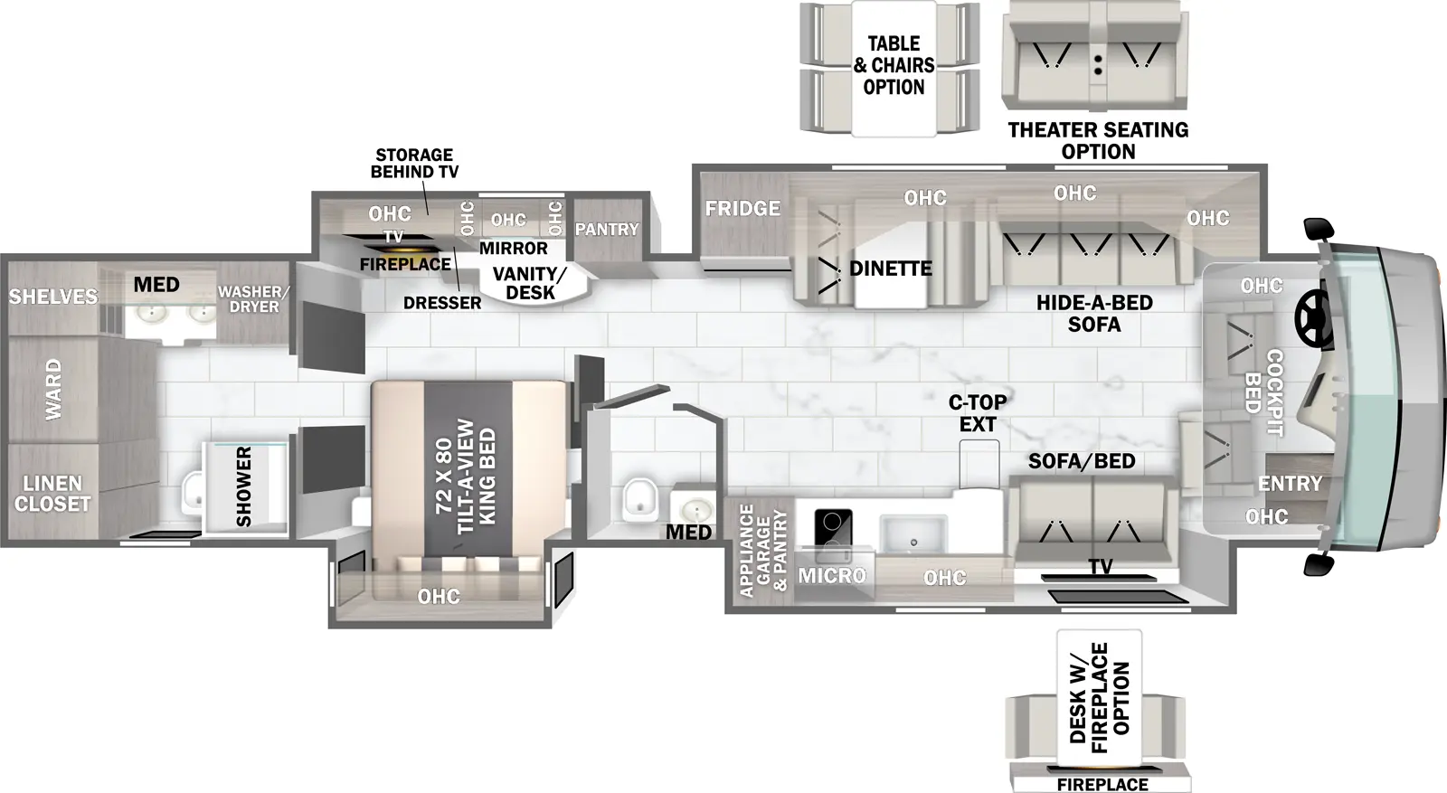 The Berkshire XLT 45G floorplan has one entry and four slide outs. Interiors features include: free-standing dinette option, rear bathroom, bathroom and a half, bunk over cab, desk and dinette.